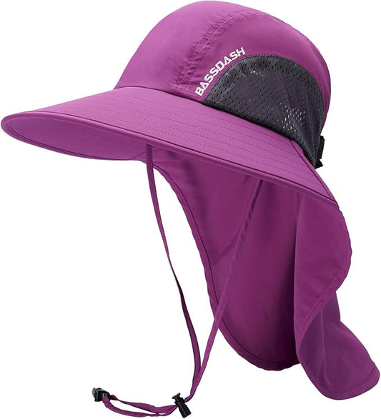 BASSDASH UPF 50+ Unisex Water Resistant Wide Brim Sun Hat with Large Neck Flap Ponytail Fishing Hat for Men Women