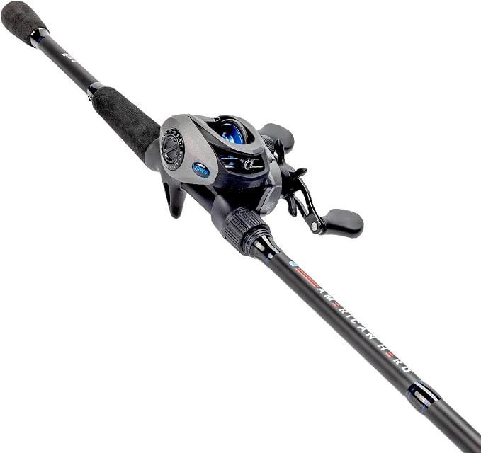 Lew's Lew’s American Hero Baitcast Reel and Fishing Rod Combo, 1-Piece Medium-Heavy Power Fast Action IM6 Graphite Rod, 7.5:1 Gear Ratio, Gray/Black/Blue