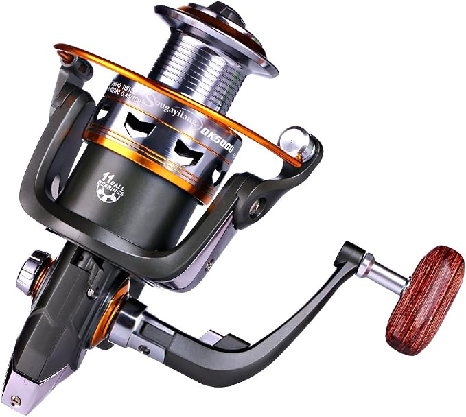 Sougayilang Spinning Fishing Reels with Left/Right Interchangeable Collapsible Wood Handle Powerful Metal Body 5.2:1/5.1:1 Gear Ratio Smooth 11BB for Inshore Boat Rock Freshwater Saltwater Fishing