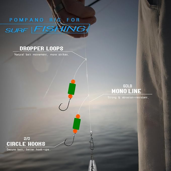 Pompano Rig Saltwater Surf Fishing Rigs – Double Drop Leader Rigs with Hooks, Floats, Beads & Snap – Easy Pre-Tied Terminal Tackle for Pompano, Whiting, Redfish