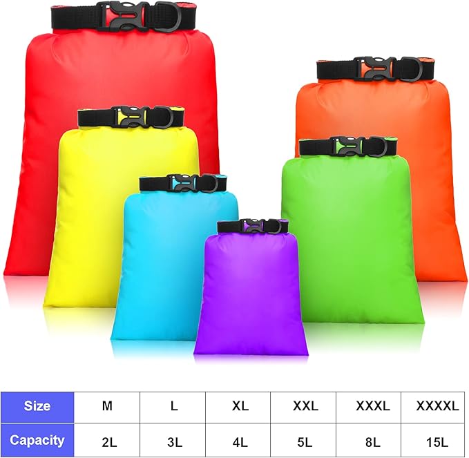 Shappy 6/12 Pcs Waterproof Dry Bags, Lightweight Outdoor Waterproof Dry Stuff Sacks 15/8/5/4/3/2 L and Long Adjustable Shoulder Strap for Kayaking Rafting Boating Hiking Camping