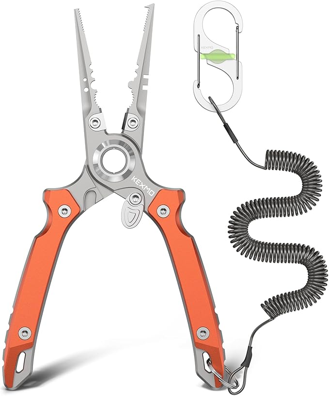 KEXMO 17-4 Stainless Steel Fishing Pliers, Anti-Twist Saltwater Hook Remover Tool, 7.17" Split Ring Pliers with Tungsten Cutters, Lightweight Aluminum Scales, Luminous Locking S-Carabiner
