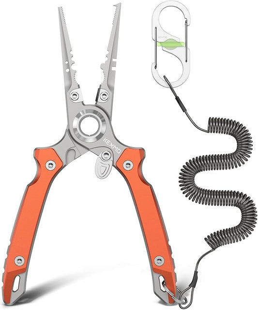 KEXMO 17-4 Stainless Steel Fishing Pliers, Anti-Twist Saltwater Hook Remover Tool, 7.17" Split Ring Pliers with Tungsten Cutters, Lightweight Aluminum Scales, Luminous Locking S-Carabiner