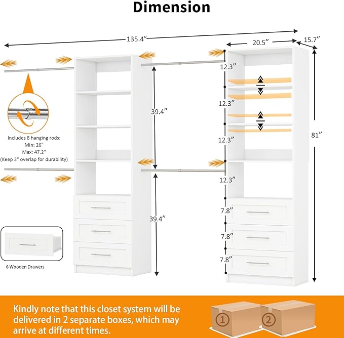 Closet System with 6 Drawers, 5.5FT-15FT Closet Organizer System Modular Wood Walk in Closet Storage System with 8 Shelves 8 Expandable Hanging Rods, Wall Mount White