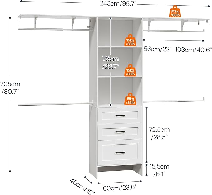 HOOBRO Closet System, 8FT Closet Organizer with Drawers, 95.7'' Clothes Organizer System Walk-in Wardrobe Clothes Rack with 4 Extendable Hanging Rods Garment Rack for Bedroom Cloakroom, White