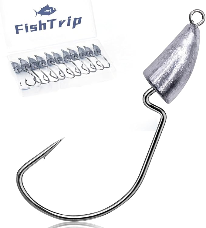 FishTrip Bullet Jig Head Weighted Hooks,10pcs Texas Rigs EWG Hooks for Bass Fishing Saltwater 1/16 1/8 1/4 1/2 oz