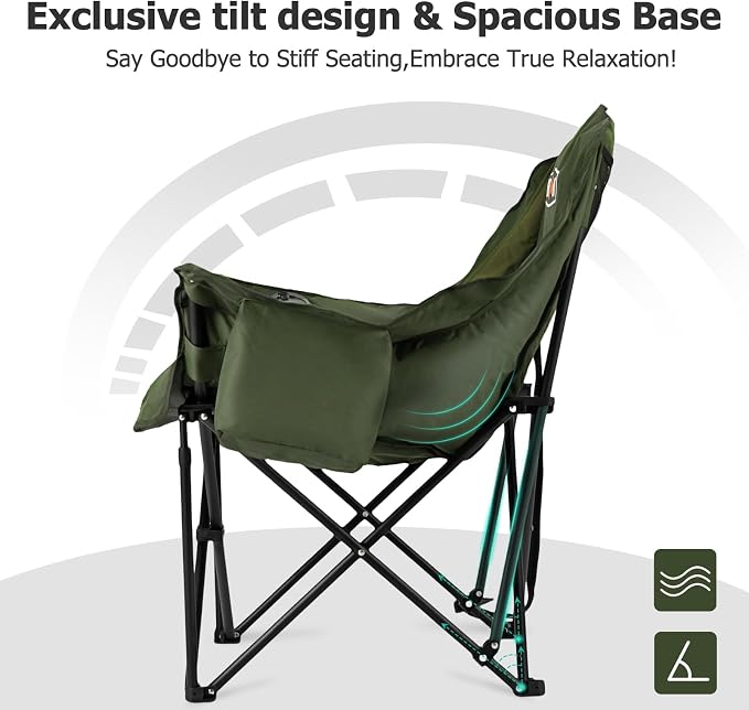 Overmont Oversized XL Camping Chair for Adults - 500lbs Support Heavy-Duty Padded Folding Chair with Side Pocket Cup Holder Cooling Bag for Outdoor Sports Garden Beach Fishing Lawn Green 2pcs