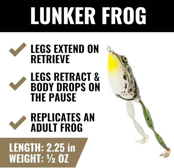 Lunkerhunt Topwater Frog Lures Fishing Lures Kit (3-Pack) | Most Realistic Frog Soft Swimbaits with Weedless Hooks for Freshwater | Combat, Popping Frog for Bass Trout Pike Snakehead Bluegill