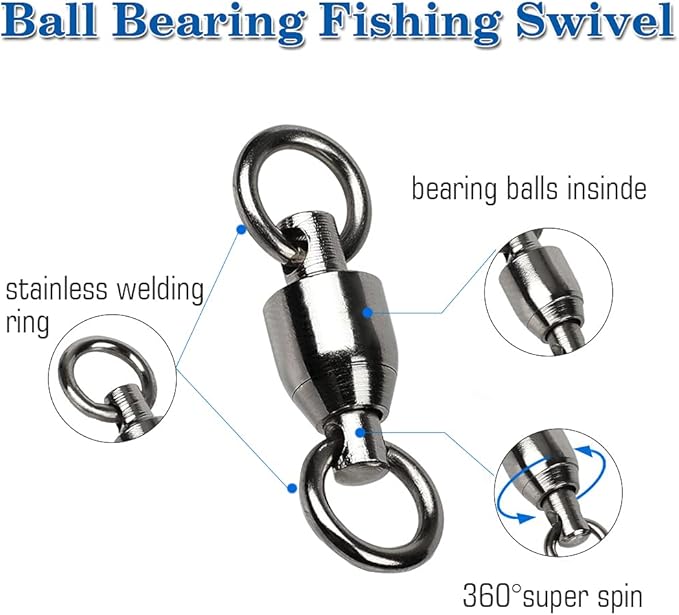 AMYSPORTS Barrel Ball Bearing Swivel Saltwater Rolling Fishing Swivels Stainless Steel High Strength Connector Bearings Solid Welded Rings Black Nickel