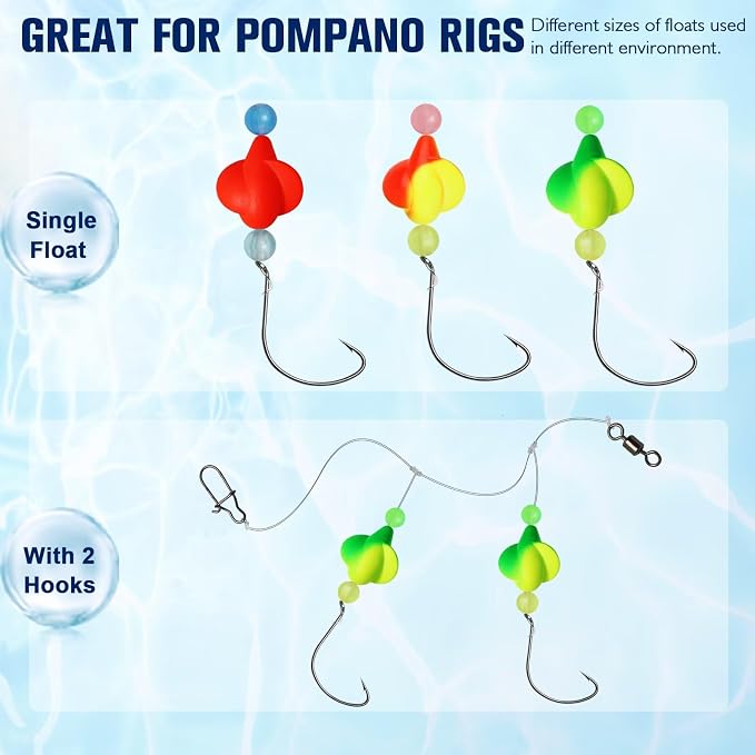 Dovesun 220/104/80/60/54/52/42pcs Pompano Rig Floats for Surf Fishing Foam Bobbers for Fishing Fly Fishing Bobbers Floats Bright Color Kit/Round/Cylindrical/Heart/Bullet/Pill/Spin Shape