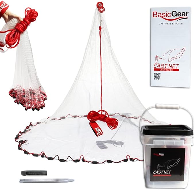 BasicGear Cast Net | 3ft-12ft Radius, 3/8 or 1/4 inch Mesh for Freshwater and Saltwater Bait Fish| Professional Grade and Upgraded Material | Throw Style