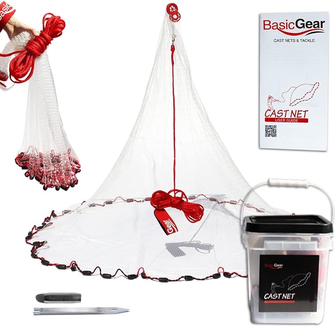 BasicGear Cast Net | 3ft-12ft Radius, 3/8 or 1/4 inch Mesh for Freshwater and Saltwater Bait Fish| Professional Grade and Upgraded Material | Throw Style