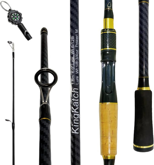 24-Ton Carbon & Fiberglass Spinning/Casting Rod, Lightweight 2-Piece Sensitive Fishing Rod with Ceramic Guides & Split-Grip Handle for Bass, Trout, Pike