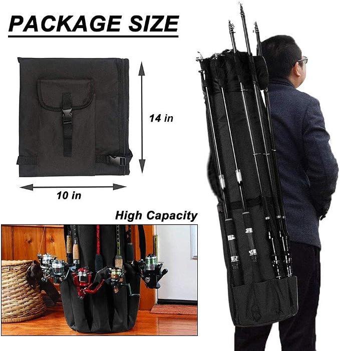 Multifunction Fishing Pole Bag - Waterproof Rod Reel Bag Carrier Case, Durable Canvas Tackle Large Storage Gift for Men Travel, Black