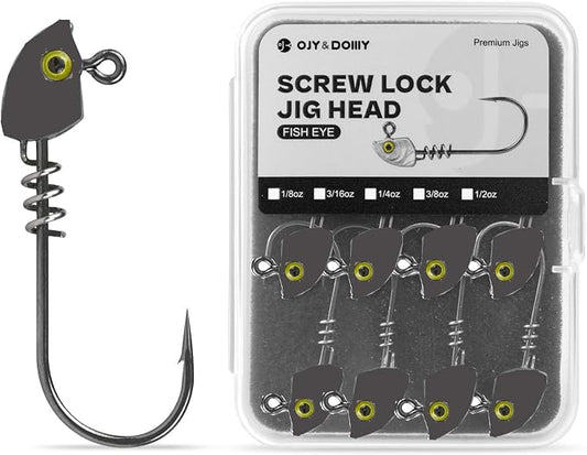 15-Pack Screw Lock Swimbait Jig Heads – 3D Chartreuse Eyes 1/8 3/16 1/4 3/8 1/2 oz, 3/0 & 4/0 Fishing Hooks
