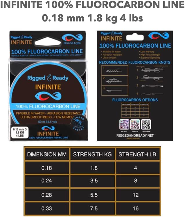 Rigged and Ready Infinite Fluorocarbon - Fluorocarbon Fishing Line Leader-50m 54.6y Virtually Invisible=More Bites. 4/8/12/16lb, 1.8/3.6/5.5/7.5kg-Saltwater Freshwater