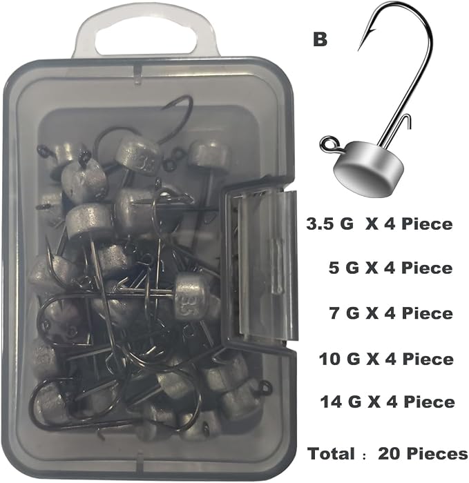 Kmucutie Ned Rig Jig Heads, 20 Pieces Finesse Mushroom Jig Hooks Kit for Bass Fishing 3/32,1/8,3/16,1/4,5/14 OZ,