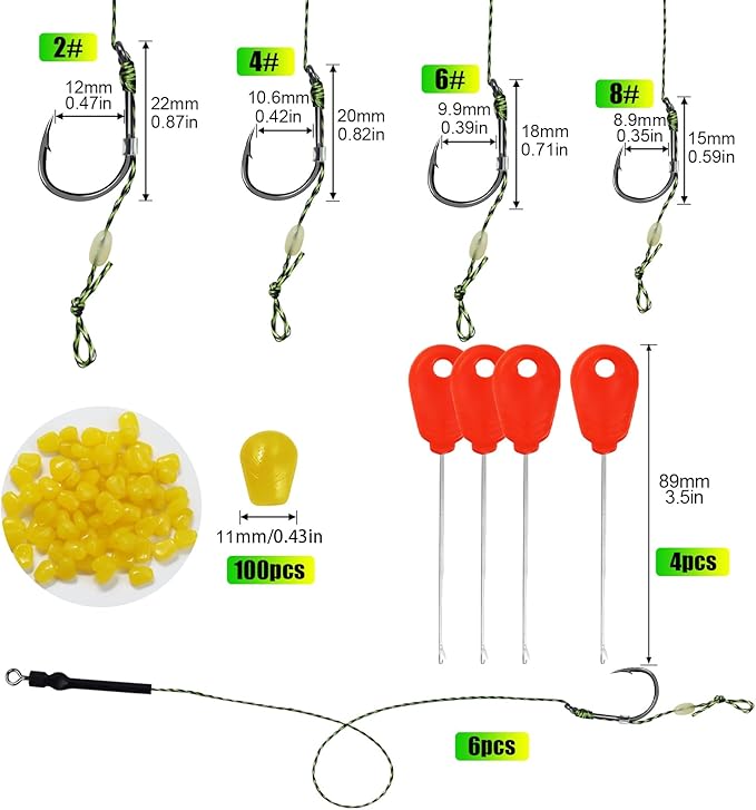 130Pcs Carp Fishing Hair Rigs Kit, 24 High Carbon Steel Curved Shank Barb Hooks, 100 Fake Corn Baits, 2 Line Bait Stoppers & 4 Baiting Needles for Carp Fishing Tackle (#2#4#6#8)