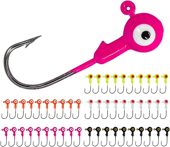 50pcs Fishing Jig Head Hooks kit, Round Ball Fishing Jigs with 3D Eyes Carbon Steel Hooks for Soft Lures Bass Freshwater Saltwater 1/8oz 1/6oz 1/4oz 1/16oz 1/35oz