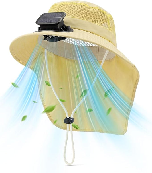 Short Brim Sun Hat with 1 Solar Fan & Neck Flap for Men Women UPF 50+ Outdoor for Garden Fishing Beach Essential