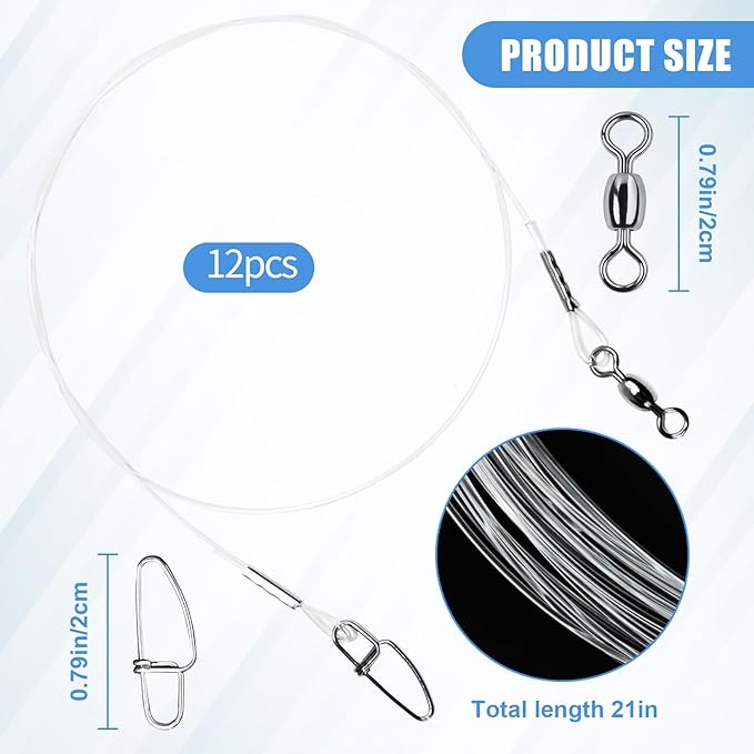 Fishing Fluorocarbon Leader with Swivel and Snaps ，Fluorocarbon Leader Connects Lures, Bait, or Connects Hooks for Saltwater & Freshwater Fishing, 12/24 Pcs