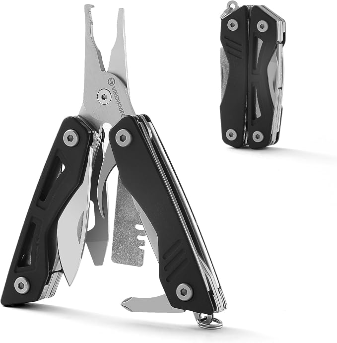 VIRENKNIFE Mini EDC Multitool,13-in-1 Stainless Steel Multi Tool Pliers with Pocket Knife,Bottle Opener，Screwdriver，Perfect for Camping, Outdoor and Everyday Use,Gifts for Men Dad（Black）
