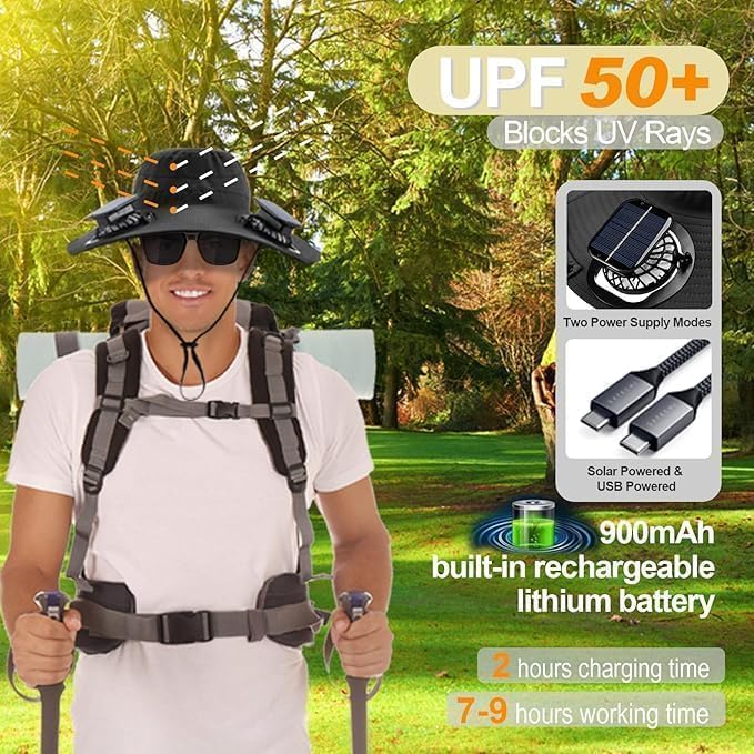 Fishing Hats with Sunglasses, Wide Brim Sun Hat with 2 Solar Fan, USB & Solar Powered Fishing Hats, Solar Fan Hats UPF 50+