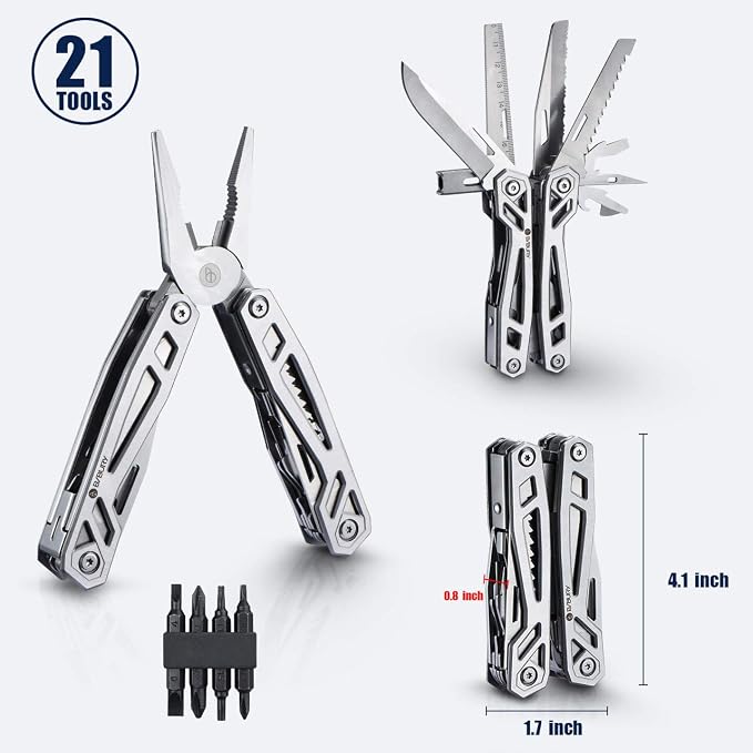 BIBURY Multitool with Pocket Knife, 21-in-1 Stainless Steel Pliers with Screwdriver, Safety Locking Multi tools with EDC Knife for Survival, Camping, Fishing, Repair, Birthday Gifts for Men Women