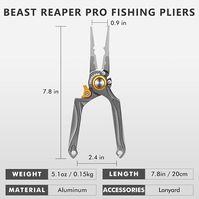 TRUSCEND Easy Use Lockable Fishing Pliers with Tungsten Carbide Cutter, Innovative Ergonomic Handy Handle, Saltwater Corrosion Resistant Teflon Coated Fishing Tool, Light Multi-Function Fishing Gear