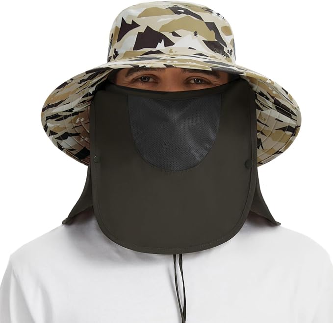 BASSDASH UPF 50+ Breathable Sun Hat with Removable Face Cover and Neck Flap Wide Brim Bucket Hat for Fishing Hiking Men Women