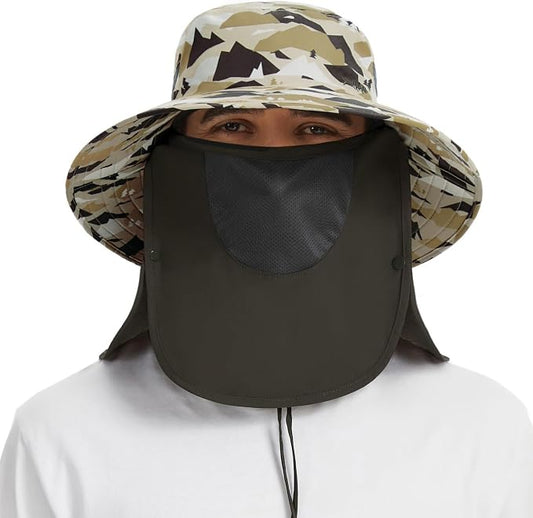 BASSDASH UPF 50+ Breathable Sun Hat with Removable Face Cover and Neck Flap Wide Brim Bucket Hat for Fishing Hiking Men Women