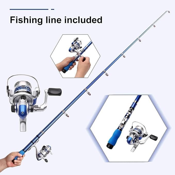 Portable Fishing Spinning Rod and Reel Combo Set Carbon Fiber Fluorescent Rod Tip, with Fishing Lures Line Carrier Bag Kits for Travel Surf Saltwater Freshwater