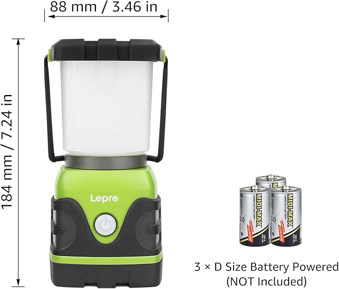 Lepro 1500LM Battery Powered LED Camping Lantern, Green Tent Light with 4 Light Modes, Camping Essentials, Waterproof Lantern Flashlight for Camping, Emergency Light, Power Outages, Not Rechargeable