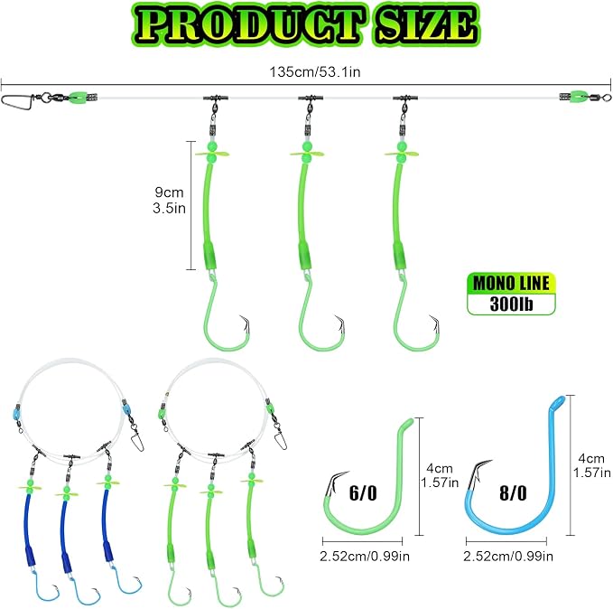 Pre-Rigged Deep Drop Saltwater Rigs – Glow Tubes, Hooks, Beads & Spinner Blade – 6/0 8/0 Circle Hooks for Snapper/Grouper/Tilefish (3/6 Hooks)
