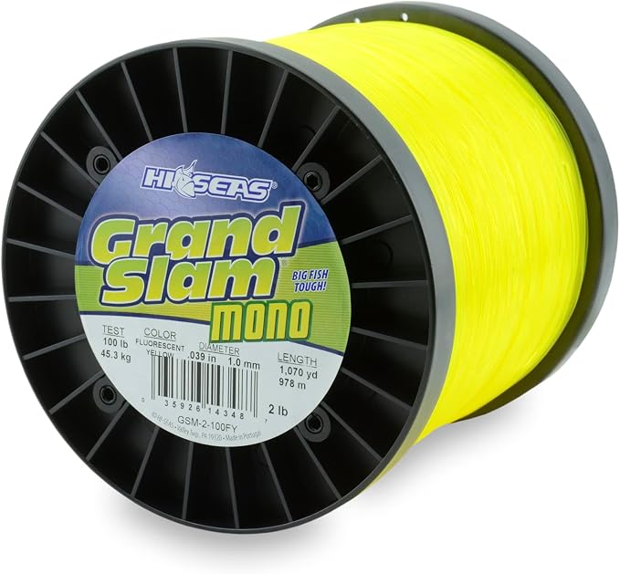HI-SEAS Grand Slam Monofilament Fishing Line - Strong & Abrasion Resistant in Clear, Pink, Green, Smoke Blue, Fluorescent Yellow Freshwater & Saltwater - 2 lb Spool