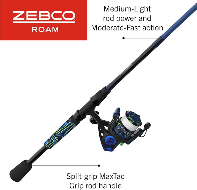 Zebco Roam Spinning Reel and Fishing Rod Combo, Fiberglass Rod, Split ComfortGrip Handle, Soft-Touch Handle Knob, Reversible Retrievee