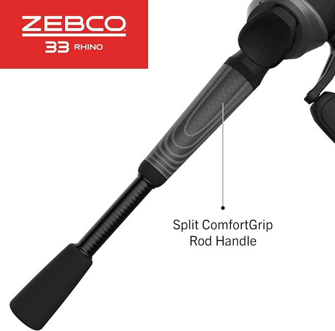 Zebco 33 Rhino Tough Spincast Reel and 2-Piece Fishing Rod Combo, Durable E-Glass Rod with ComfortGrip Handle, Quickset Anti-Reverse Fishing Reel with Bite Alert