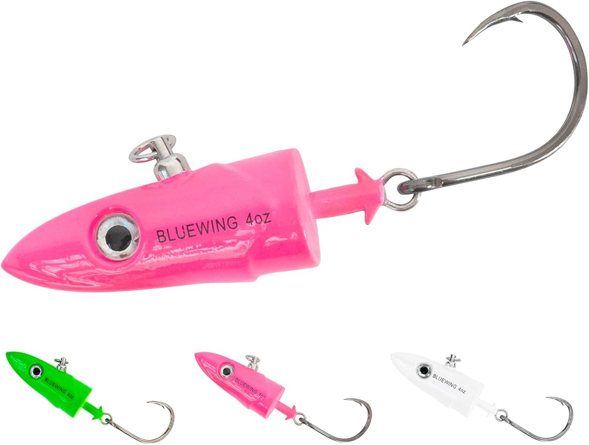 BLUEWING Jig Heads Saltwater 2oz,3oz,4oz,5oz,6oz,7oz Swimming Jigheads 1pc with High Carbon Steel Swing Hook and 6in/9in Replacement Tail Big Game Fishing Lures