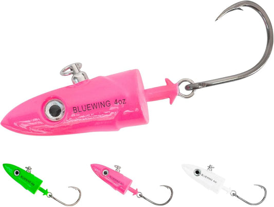 BLUEWING Jig Heads Saltwater 2oz,3oz,4oz,5oz,6oz,7oz Swimming Jigheads 1pc with High Carbon Steel Swing Hook and 6in/9in Replacement Tail Big Game Fishing Lures
