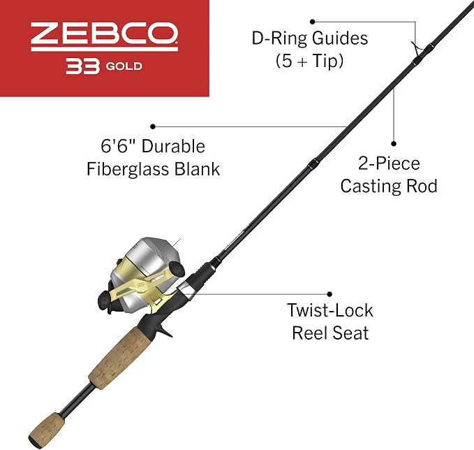 Zebco 33 Spincast Reel and 2-Piece Fishing Rod Combo, Fiberglass Rod with Comfortable Split-Grip Cork Handle, Instant Anti-Reverse Fishing Reel