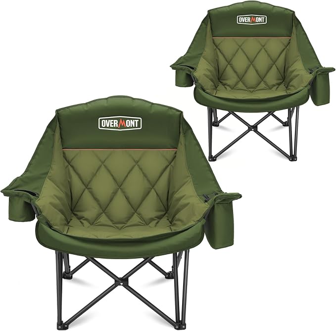 Overmont Oversized XL Camping Chair for Adults - 500lbs Support Heavy-Duty Padded Folding Chair with Side Pocket Cup Holder Cooling Bag for Outdoor Sports Garden Beach Fishing Lawn Green 2pcs
