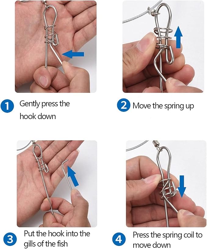 Fishing Stringer Live Fish Lock, Stainless Steel Fish Stringer Clip, Big Fish Wire Rope Cable with Float and Plastic Handle, Fishing Holder Kit with High Strength 10 Snaps/Buckles