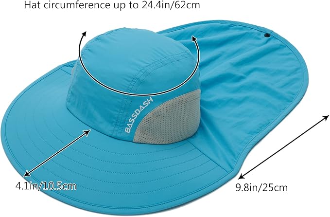 BASSDASH UPF 50+ Unisex Water Resistant Wide Brim Sun Hat with Large Neck Flap Ponytail Fishing Hat for Men Women