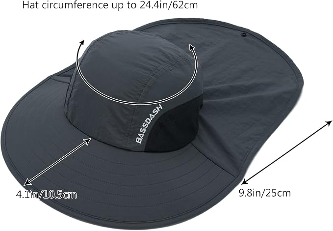 BASSDASH UPF 50+ Unisex Water Resistant Wide Brim Sun Hat with Large Neck Flap Ponytail Fishing Hat for Men Women