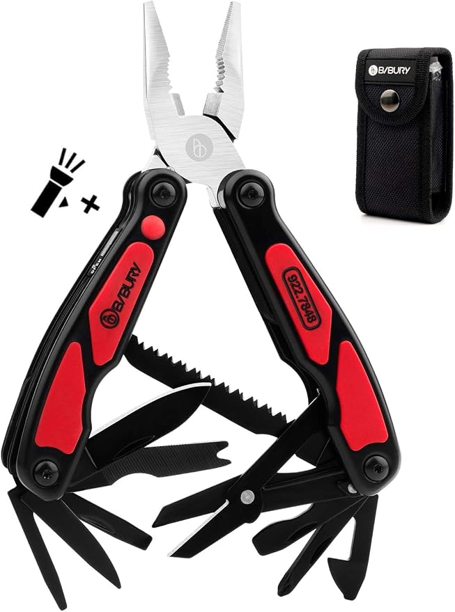 BIBURY Multitool Pliers, 14 in 1 Multi Tool with Flashlight, Scissors, Knife, Stainless Steel Pocket Knife Multifunctional EDC Tool for Camping, Survival, Fishing, Hiking, Hunting, Gifts for Men