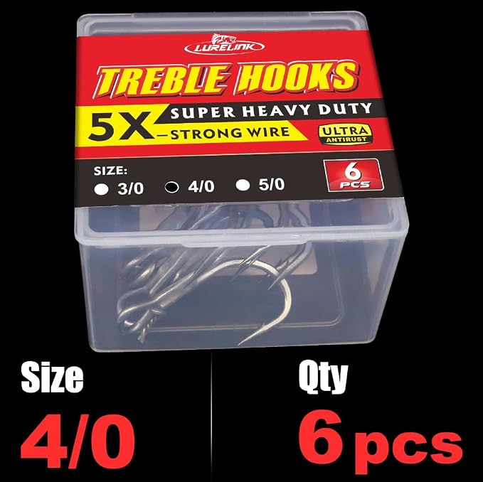 Fishing-Treble-Hooks-5X-Extra-Strong-Heavy-Duty Ultra Anti-Rust Bulk Hooks for Saltwater and Freshwater Fishing Sizes 5/0 to #8