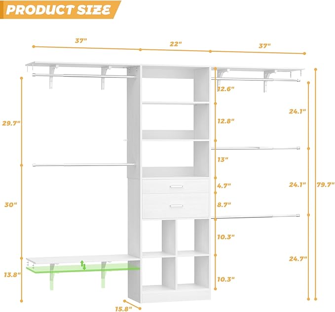 Closet System - 5-8FT Closet Organizer System with Wooden Drawers & Cube Storage Organizer, Up To 96" Closet Systems for Nursery & Walk-In Closets with Cuttable Hanging Shelving, White