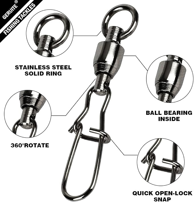 Duo Lock Snap Fishing Swivels Ball Bearing Fishing Tackle Snap Swivels Free Rotation Fishing Line Connectors Ball Bearing Swivels Black Nickel for Saltwater Freshwater Fishing