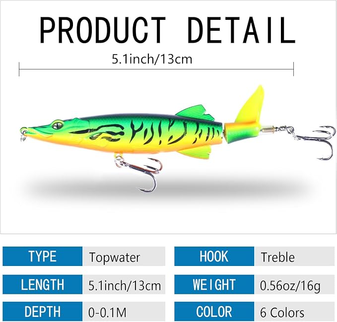 6PCS Top Water Whopper Fishing Lure 5.1 inch, Bass Popper Lure kit, Topwater Fishing Lures with Rotating Tail, Floating Popper for Crappie Walleye Catfish Pike Perch, Freshwater Or Saltwater
