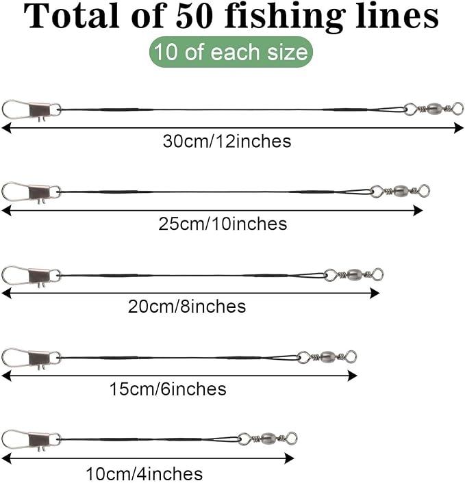 Giantree 50 Pcs Fishing Leaders, Stainless Steel Fishing Leaders with snap and Swivel, Anti-bite Stainless Steel Wire Leaders Fishing Leader Line for Fishing Rigs Saltwater and Freshwater